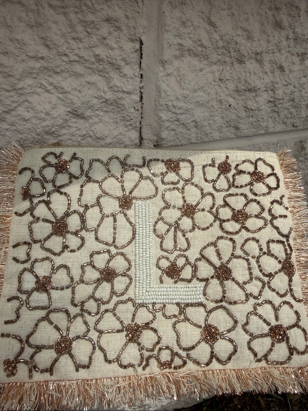 Noor-e-Noire Cotton/Linen Floral Beaded Monogram L Initial Fringe Pouch NWOT